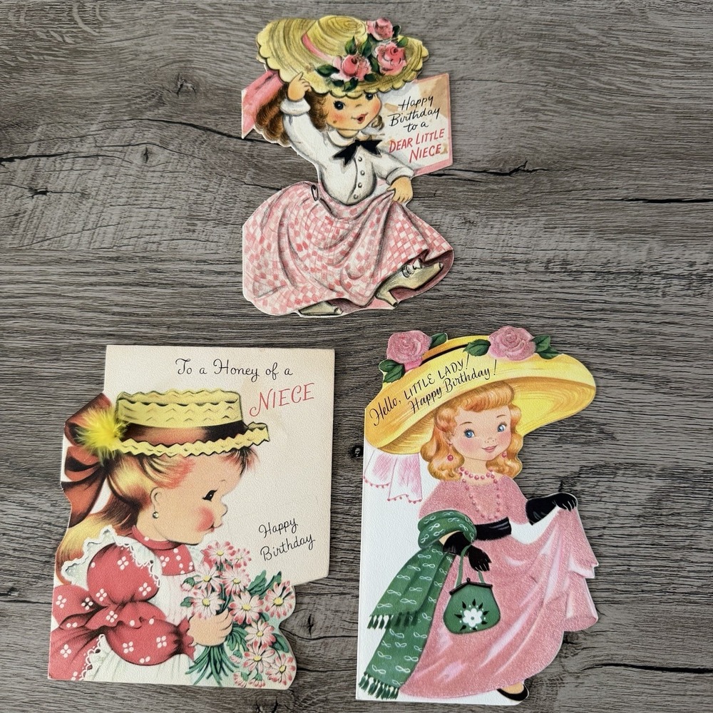 RARE Hallmark Norcross 40s? Birthday Pink Lady Girl Die Cut Used Greeting Cards